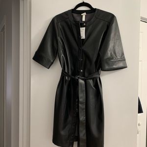 Vegan leather dress, black, shirt dress, snap open front, purchased in Europe